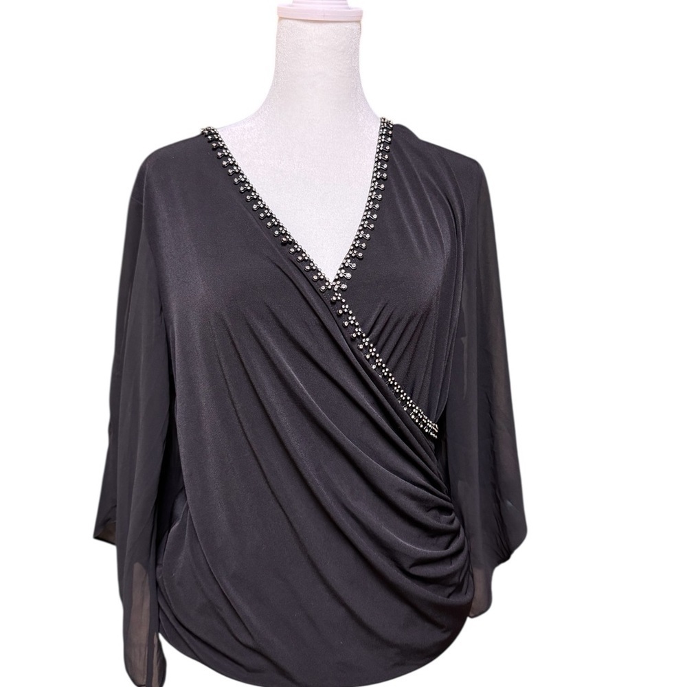 Carmen Marc Valvo Beaded Black Blouse – Draped V-Neck Ruched Top size L